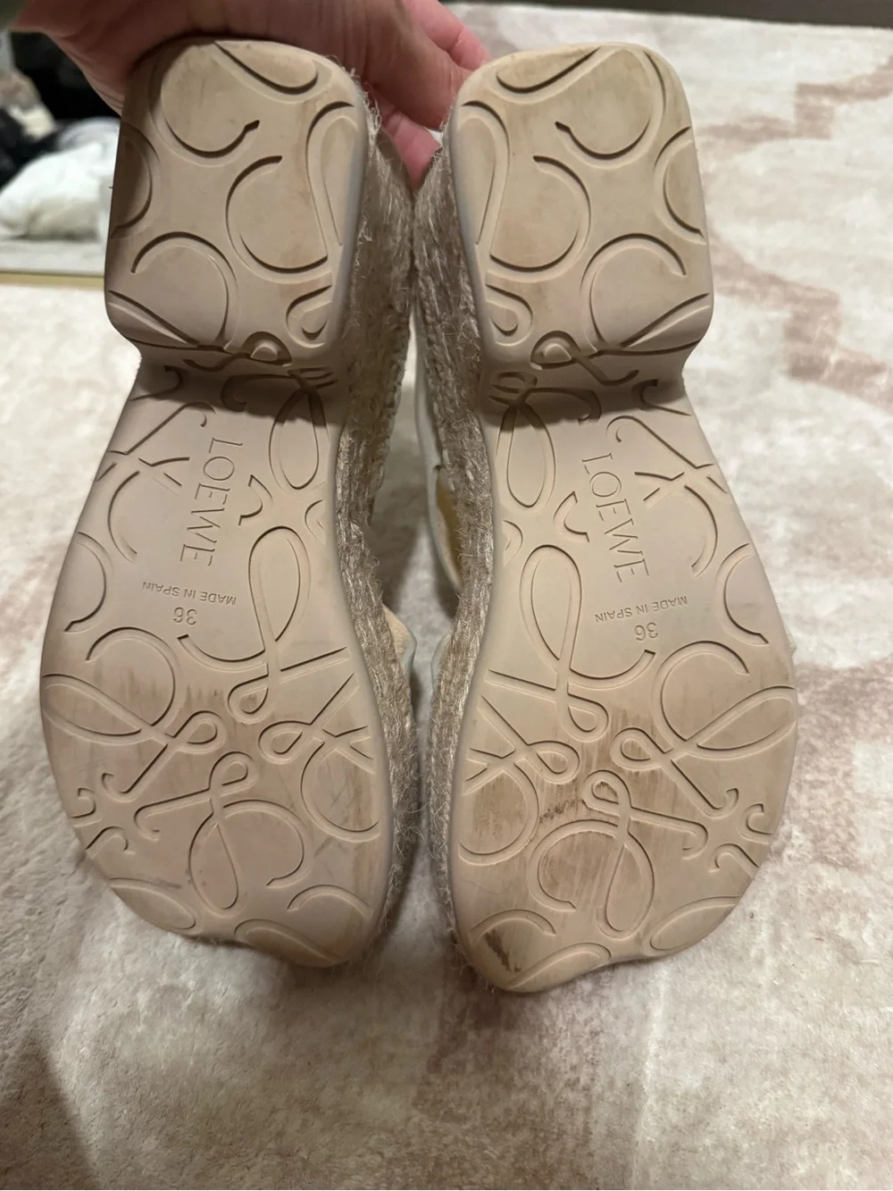 Loewe Cream Leather Buckle Espadrille Wedge Sandals
